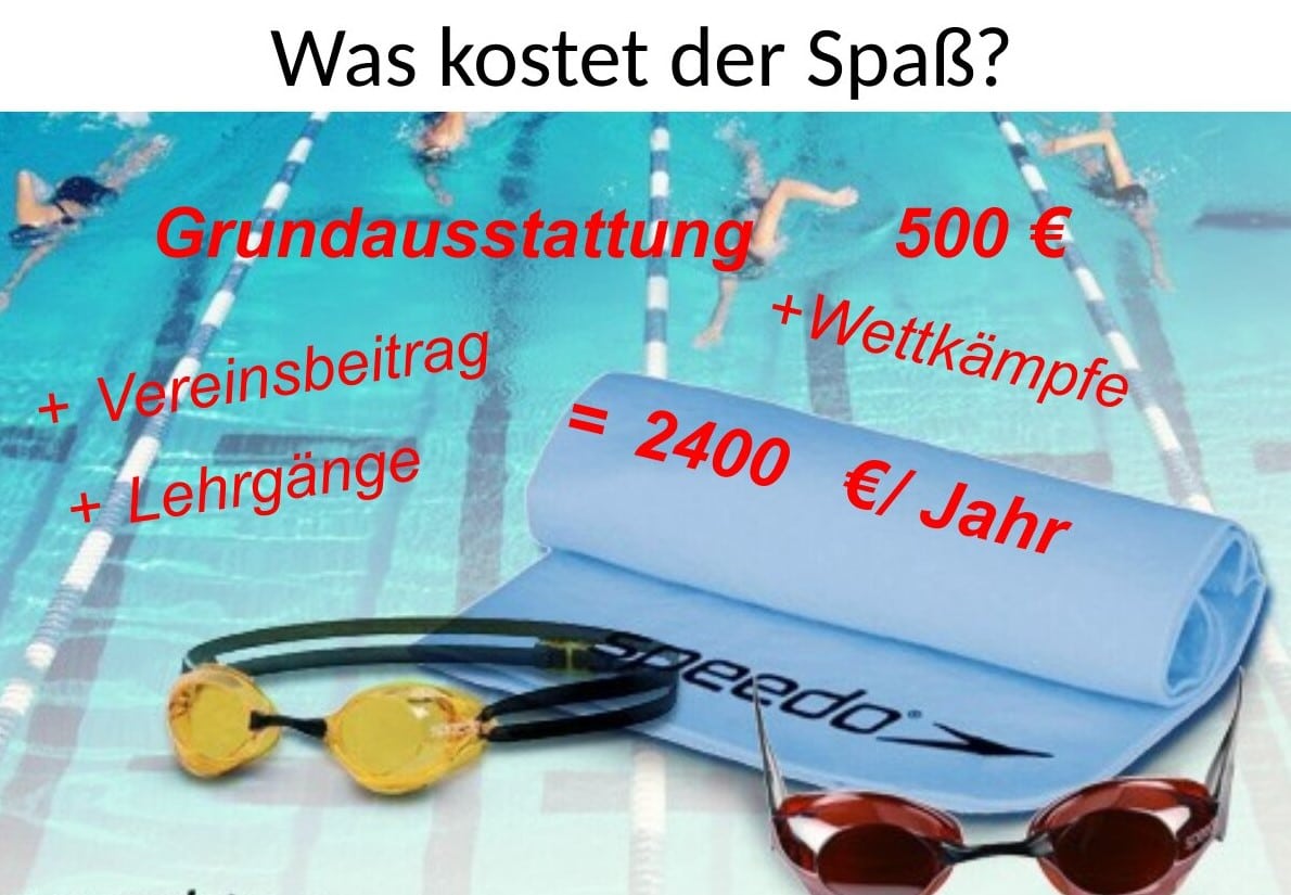 Unser Kind ist in der Leistungsgruppe unseres Vereins und ganz besessen darauf, in den Landeskader aufgenommen zu werden. Wir möchten es dabei gern unterstützen, haben aber Bedenken wegen der Kosten, die damit auf uns zukommen. 1 Schwimmlexikon-A.18 Kosten